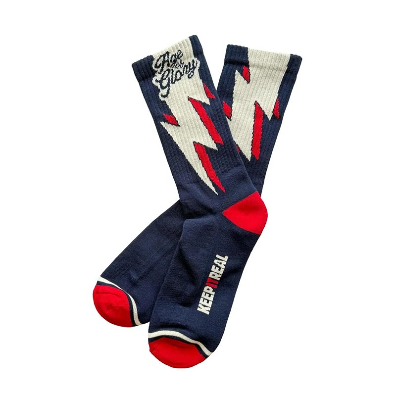 Chaussettes homme Age Of Glory Bolts bleu marine, blanc cassé et rouge avec motif éclair.