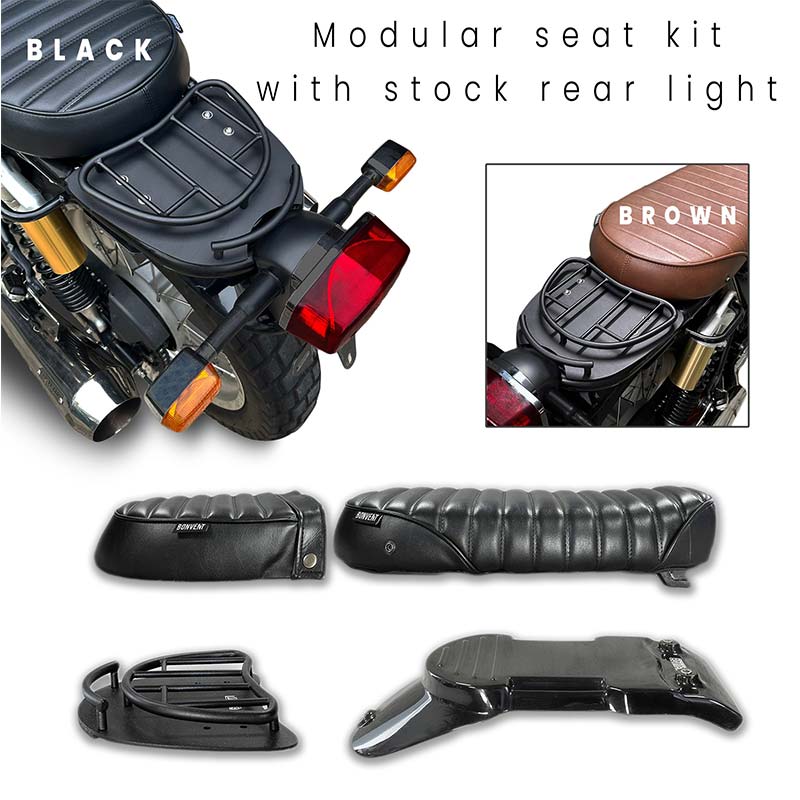 Kit selle modulable, porte-bagages, garde-boue et feu arriere pour Royal Enfield 650. Blackpines.fr