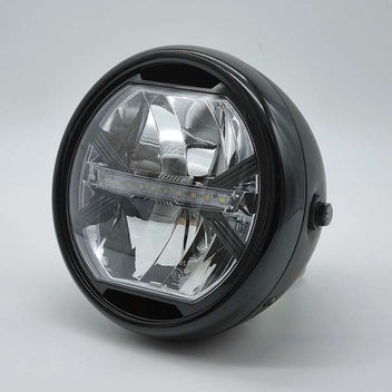 Phare moto LED type 3 avec cuvelage noir. Blackpines.fr