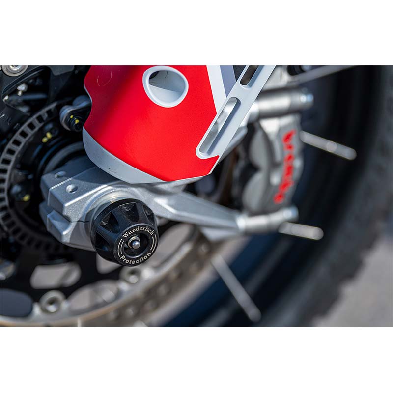 Protection essieu avant moto Ducati DesertX Wunderlich Doubleshock. Blackpines.fr