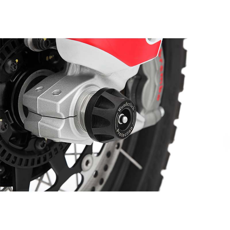 Protection essieu avant moto Ducati DesertX Wunderlich Doubleshock. Blackpines.fr