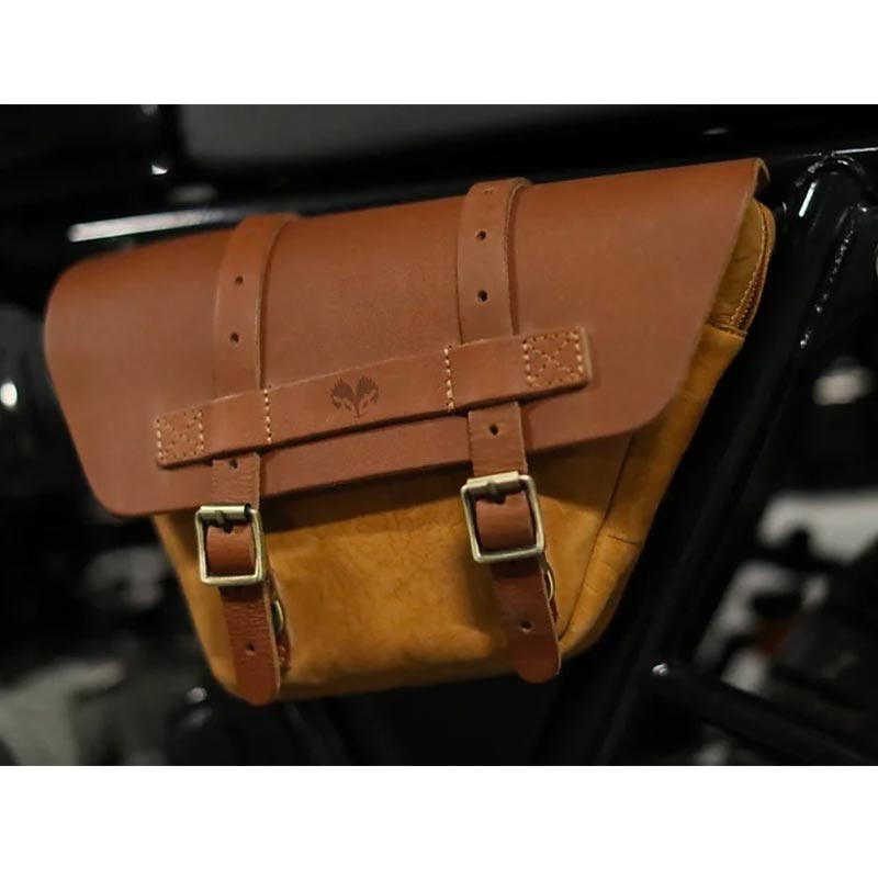 Sacoche laterale en cuir Tobacco Hedgehog pour Interceptor 650. Blackpines.fr