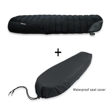 Selle sur mesure artisanale cuir noir dessus suede, coutures côtelées Bonvent pour Interceptor et Continental GT650 avec housse.