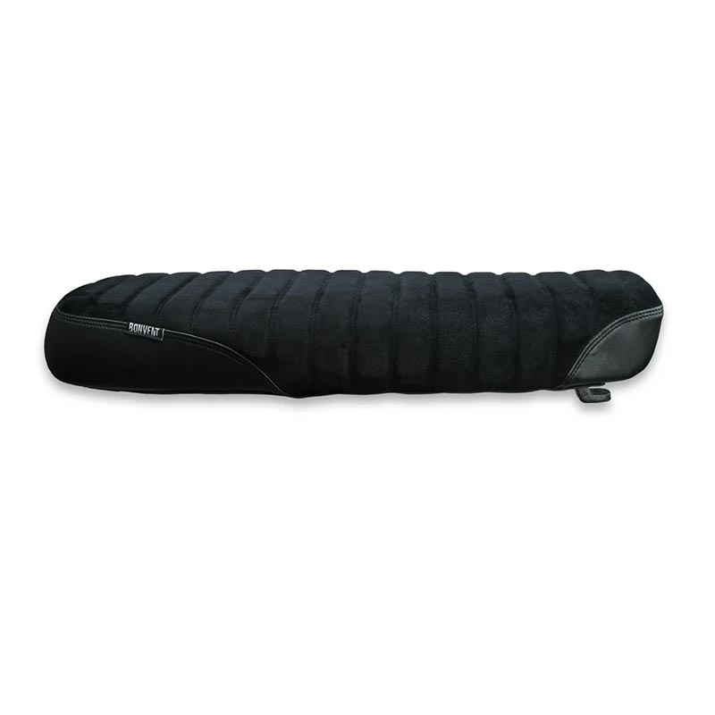 Selle sur mesure artisanale cuir noir dessus suede, coutures côtelées Bonvent pour Interceptor et Continental GT650.