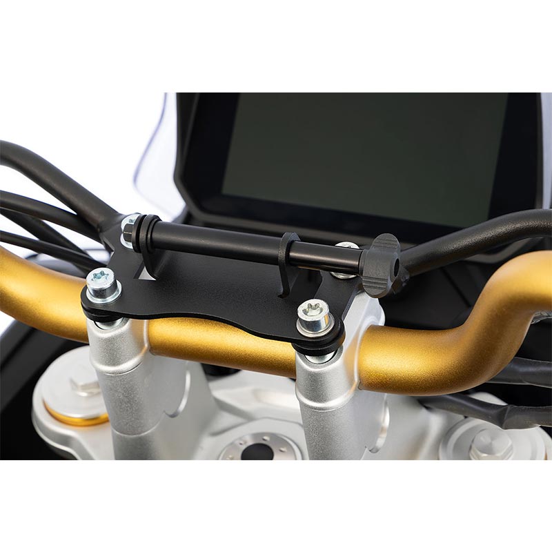Support GPS ou Smartphone Wunderlich sur pontet de guidon BMW F450GS.
