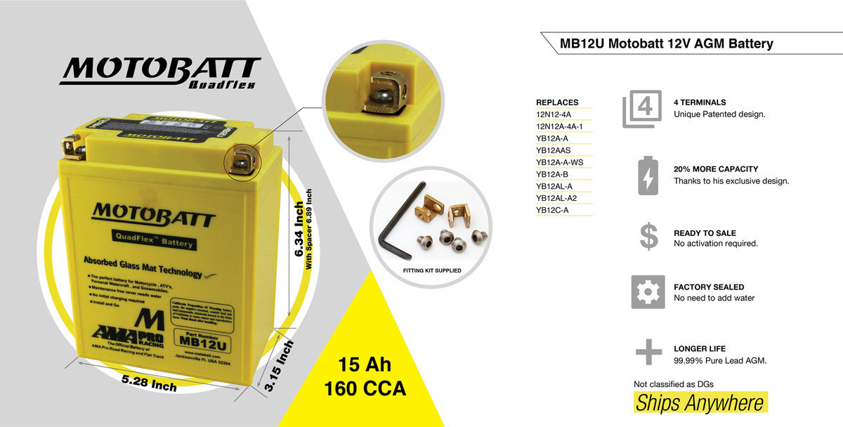 Batterie 4 poles AGM Motobatt MB12U. Blackpines.fr