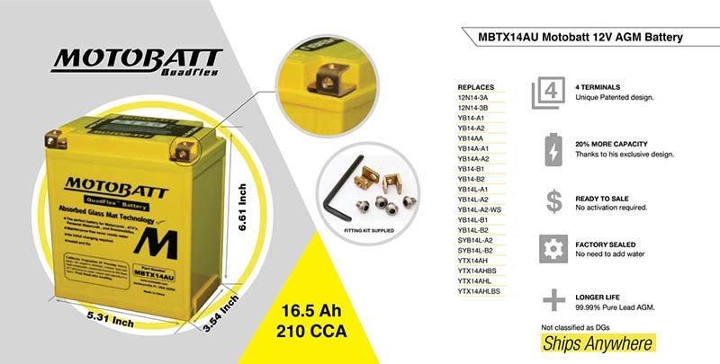 Batterie AGM QuadFlex Motobatt MBTX14AU 12V. Blackpines.fr 