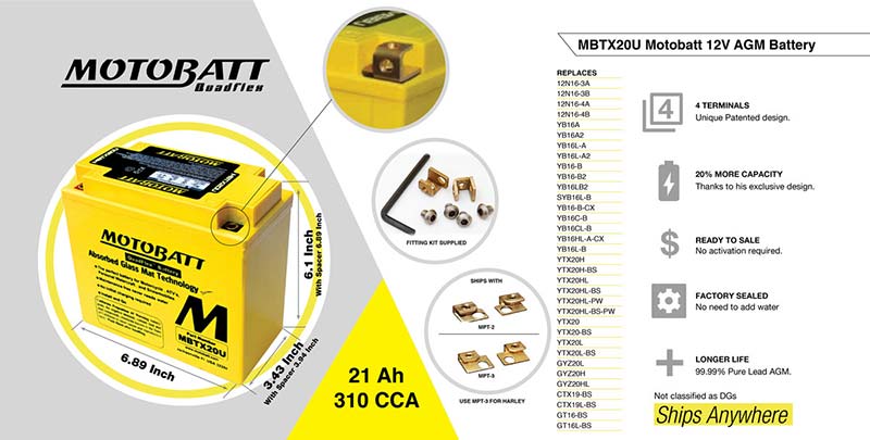 Batterie 4 poles Motobatt MBTX20U 12 V 21 Ah. Blackpines.fr