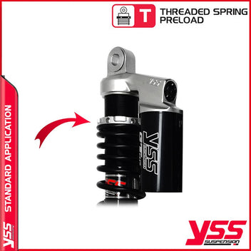 Amortisseurs moto YSS RG362-320TRCL-12-888 pour Triumph Bonneville 800 America. Blackpines.fr